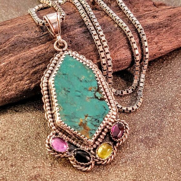 Vintage Sterling Freeform Turquoise & Gemstone Cab Accent Pendant Necklace - Picture 4 of 8